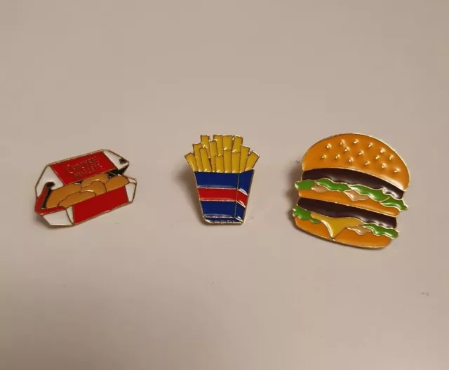 3 x Fast Food Pin Badges Fries Burger Chicken Nuggets Gift Novelty Joke