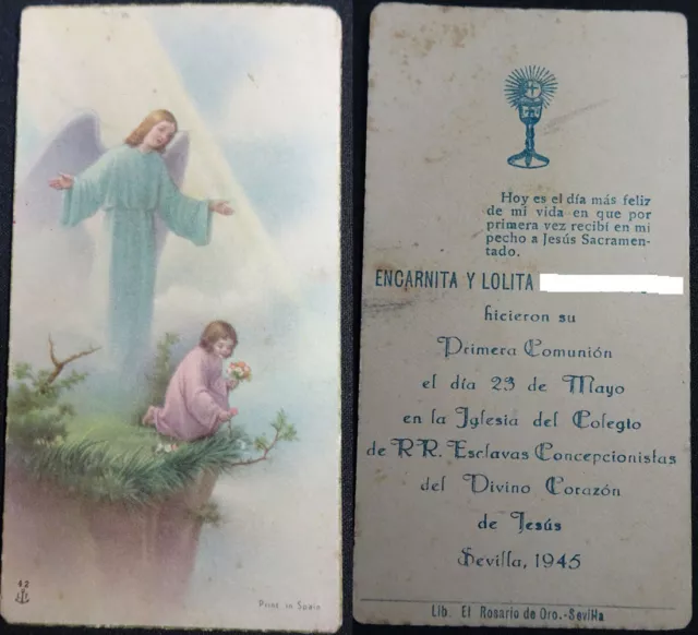 Estampa Primera Comunion Colegio Divino Corazon De Jesus 1945 Holy Card   Cc1322