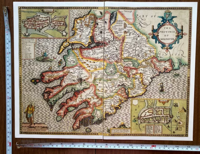 Old Antique Tudor map Munster Ireland Inc Cork: Speed 1600's 15" x 11 Reprint