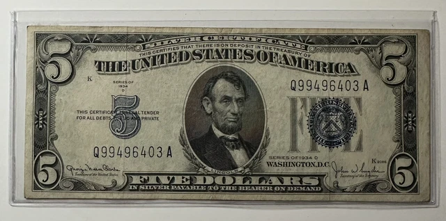 Banknotes $5.00 Dollar Blue Seal Series 1934 D Circulated ,Serial # Q 99496403 A