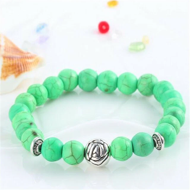 8mm Green Turquoise Gemstone Mala Bracelet 7.5 inches Monk Unisex Chakras