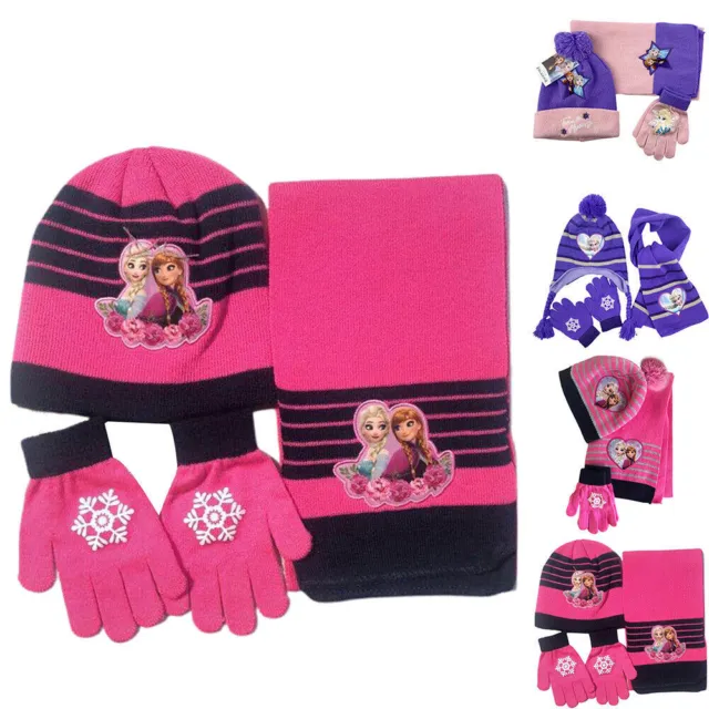 Child Girls Winter Hat Scarf Gloves Set Frozen Elsa Anna Beanie Neck Hand Warmer