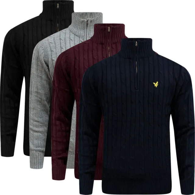 Lyle & Scott Mens Cable Knit Half Zip Jumper Crew Neck Weave Knitted Cardigan