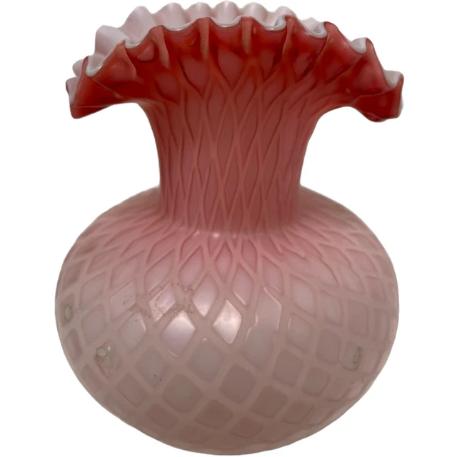 Vintage Glass Vase Mother of Pearl Diamond Quilt Cranberry Pink Satin Rose