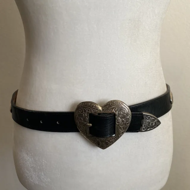 Justin Western Belt Vtg 90s Black Leather Silver Concho Accents Heart Buckle 30