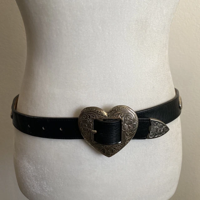 Justin Western Belt Vtg 90s Black Leather Silver Concho Accents Heart Buckle 30