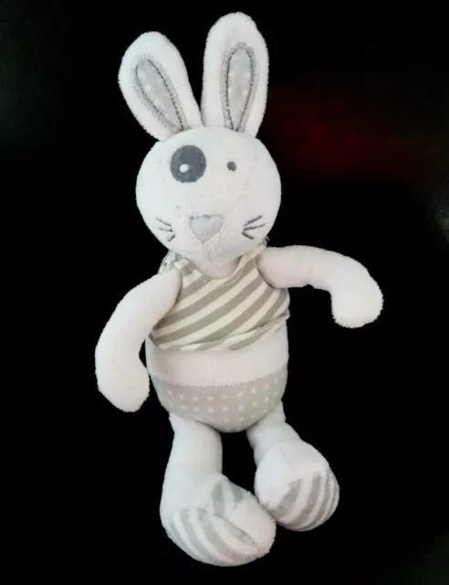 *. DOUDOU PELUCHE TAPE A L'OEIL LAPIN BLANC GRIS RAYE POIS 24cm - NEUF*
