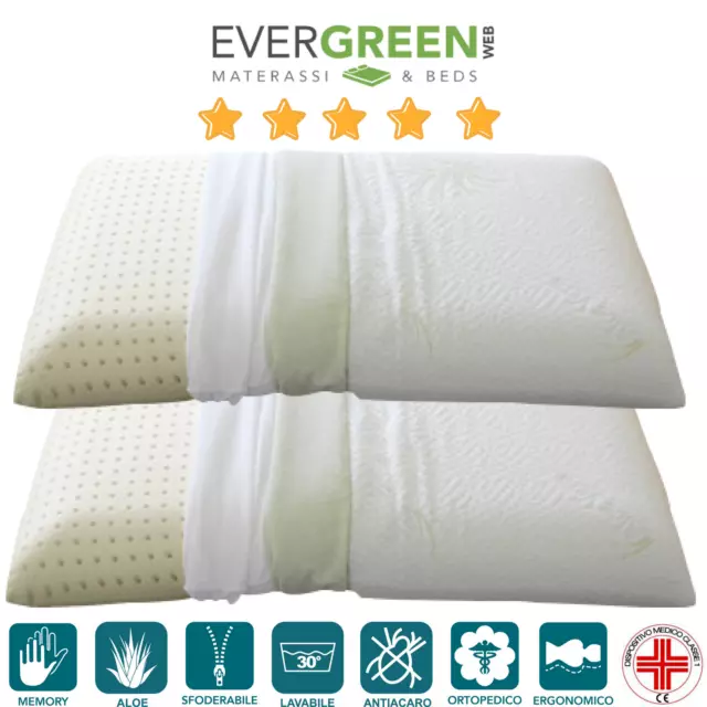 2 Cuscini per Letto in Memory Foam MED Cervicale federa ALOE VERA Anallergico