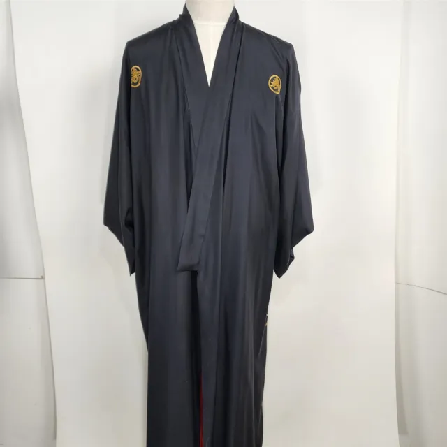 Vintage Black & Gold Embroidered Silk Kimono Robe Made in Japan