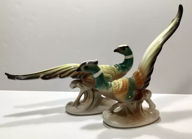 Vintage Pair of Royal Copley Porcelain Ring Neck Pheasants Figurines