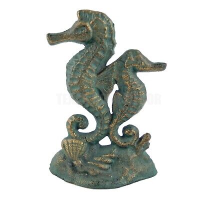Seahorse Figurine Bookend Cast Iron Verdigris Green Gold Finish Nautical Decor