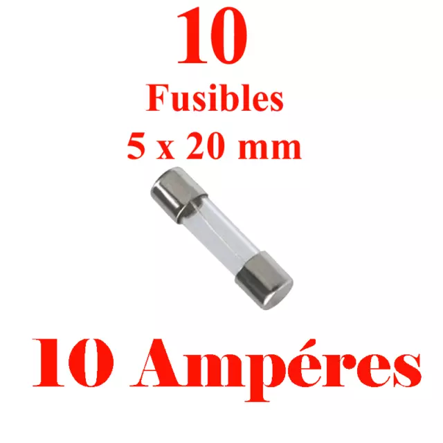 10 Fusibles en Verre 5 x 20 mm Puissance 10 Ampéres