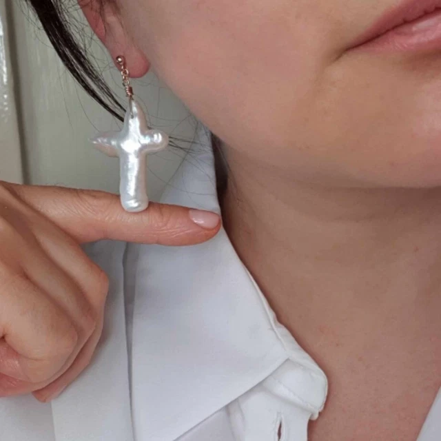 Fashion natural white Cross Large Freshwater pearl Gold earrings Mother's Day