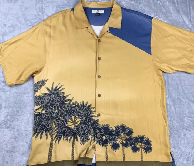 Tommy Bahama 100% Silk Palm Trees Hawaiian Gold Camp Shirt Mens XL