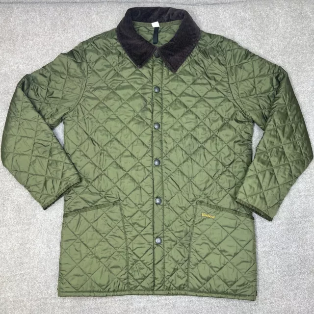 Barbour Jacket Mens Medium Liddesdale Green Quilted Snap Front Corduroy Collar