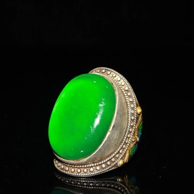 jg08 Old Chinese tibet silver gilt inlay jade handmade work Ring