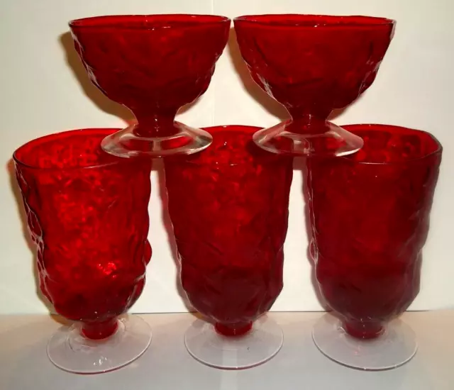 Vintage Morgantown Seneca Driftwood Crinkle Red Ruby Glasses~5 Pieces