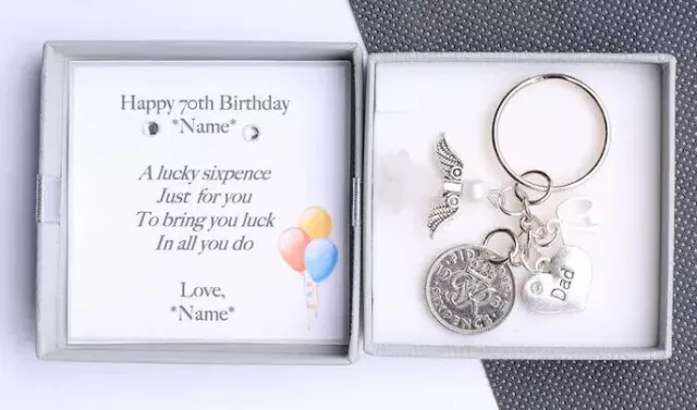 Personalised 70th Birthday Lucky Sixpence Novelty Keyring - Gift for Him