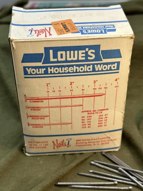 Vintage box of nails - Lowe's Your Household Word.  Open box.  6D Finishing 2in. 8