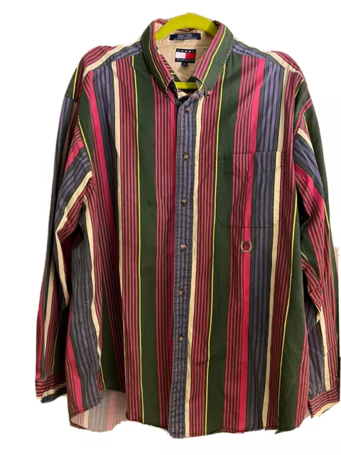 Tommy Hilfiger Vintage 90s Colorblock Striped Button Down Crest Shirt Mens XL