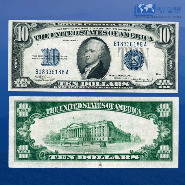 1934A $10 Ten Dollars Silver Certificate Blue Seal, VF+ Condition #36188