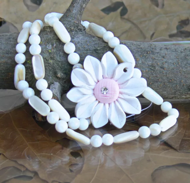White Mother of Pearls Beads and Pendant MOP Focal Flower Polymer Clay
