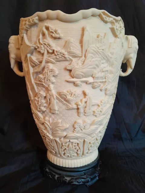 Vintage Faux Cream Cinnabar Vase On Base -  Carved Scenes - 31cm H - Stunning