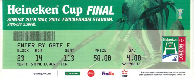 Leicester v London Wasps Heineken European Cup Final 20 May 2007 RUGBY TICKET