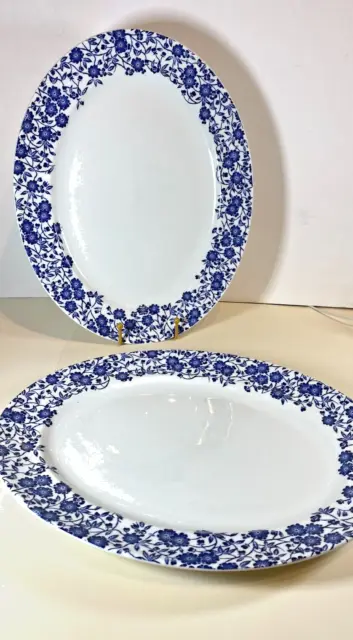 Large Duo of CHURCHILL MEAT PLATTERS 14"x11"x1"  Blue&White floral edging. Mint