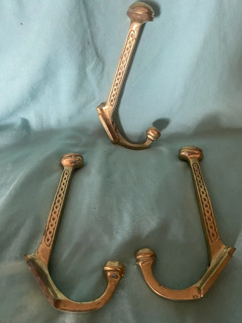 Set 3 Solid Brass Antique Eastlake Style Coat/Hat Hooks 4 1/4 x 2 1/2 Beautiful
