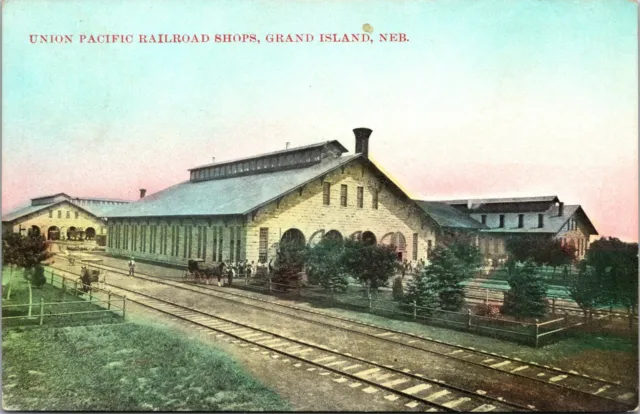 Union Pacific Railroad Shops Grand Island Nebraska Postcard horse buggy 1909 DB