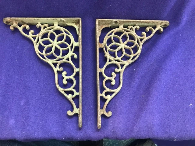 2 ANTIQUE VICTORIAN FANCY ORNATE CAST IRON WALL SHELF BRACKET  15" x 11 1/2"