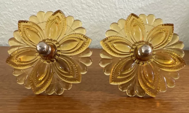 2 Antique Victorian Amber Glass Curtain Tiebacks With Orig. Hardware