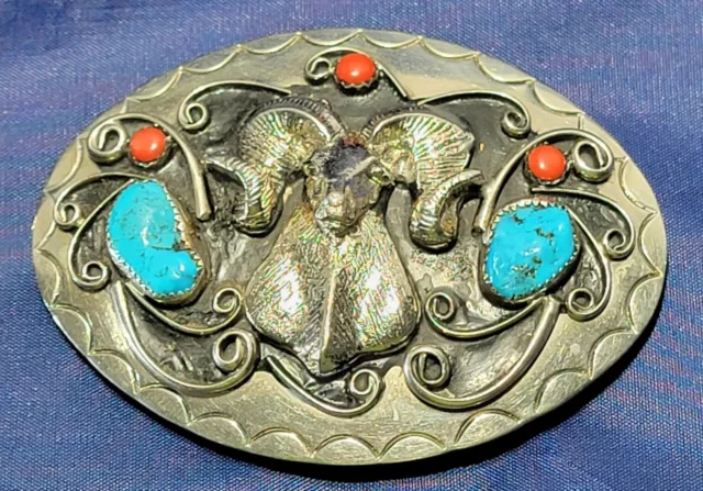 Vintage Ram Belt Buckle Turquoise Coral Silver Tone southwest / Native Style