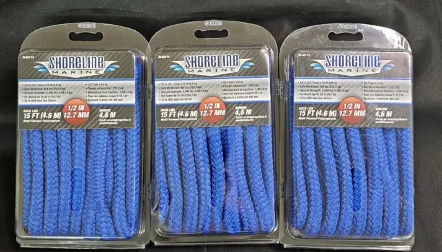 Set of (3) Blue Double Braided 1/2" x 15' ft HD Boat Marine Dock Line Ropes NIP