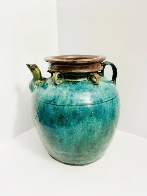 19th Century Dragon Martaban Wine Oil Jar Teal Green And Earthy Brown