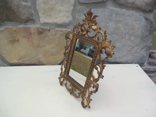 Antique Victorian Ornate Metal Vanity Mirror Makeup Beautiful Patina