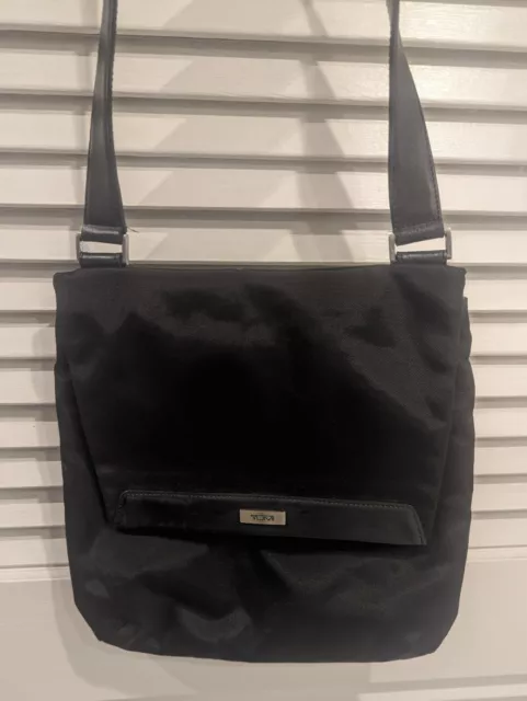 TUMI  12" Small Messenger Crossbody Bag, black nylon with leather trim