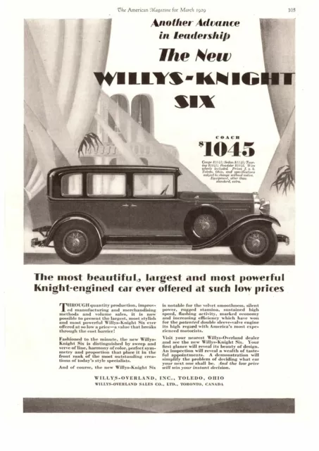 1929 Willys Knight Six 4-Door Coach $1045 Willys-Overland Toledo Ohio Print Ad