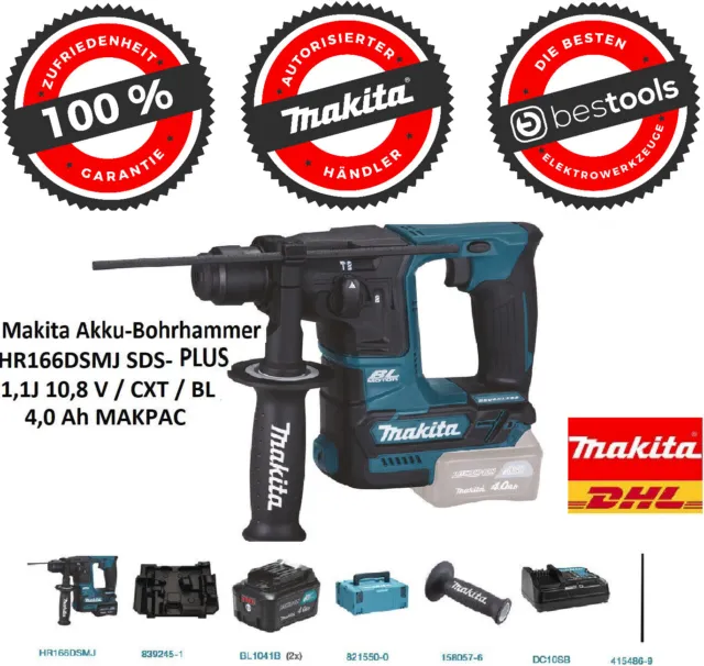 Makita Akku-Bohrhammer HR166DSMJ SDS-PLUS 1,1J 10,8 V / CXT / BL / 4,0 Ah MAKPAC