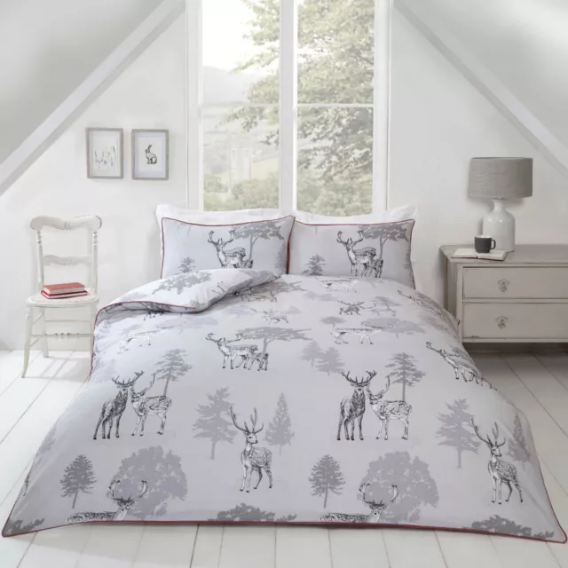 Woodland Stag Deer Piped Edge Duvet Cover Bedding Set Single Double King Grey