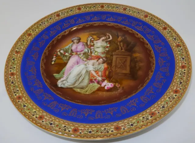 FBS Czechoslovakia Maiden & Flower Blue & Gold Decorative Cabinet Plate, 10 7/8"
