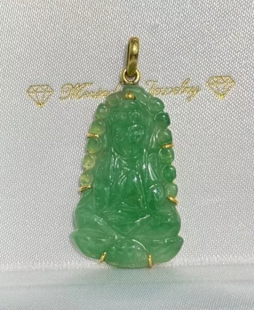 14k Solid Gold Guan Yin / Lady Buddha Natural Jade Pendant Charm Dragon Design