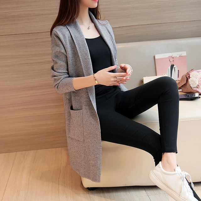 Women Coat Wild Loose Long Knitwear Cardigan Sweater Pocket Long Sleeve Jac S-GJ