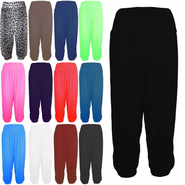 Women Ladies Harem Baggy Loose Plain 3/4 Ali Baba Cropped Leggings Trouser Pants