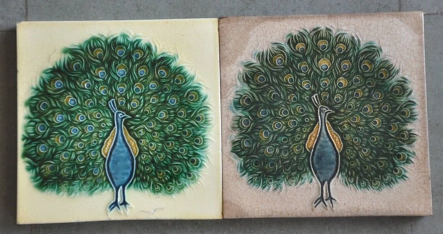 2 Pc Vintage Colorful HS Mark Peacock Embossed Ceramic Tiles, Japan