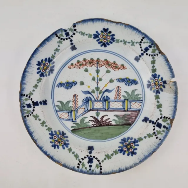 Antique 18th Century Delft Pottery Plate With Polychrome Decoration 19.8cm A/F