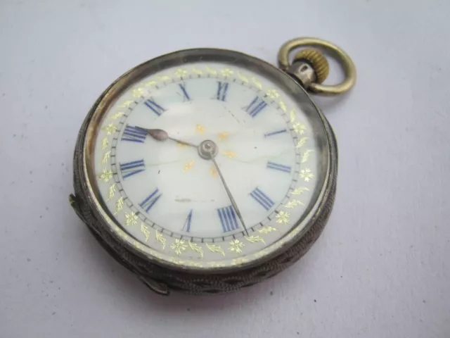 Antique Swiss Cased 935 SIlver Pocket Watch With Gold Enamel Face - scrap repair