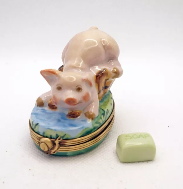 New Hand Painted French Limoges Trinket Box Cute Pig In Wash Bucket