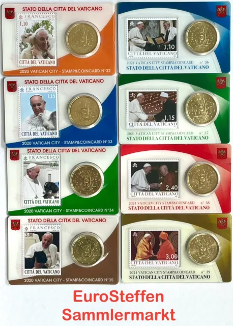 VATIKAN - COINCARD 50 Cent + Stamp 2020- 2021 Nr. 32- Nr. 39  Auswahl: Coin Card